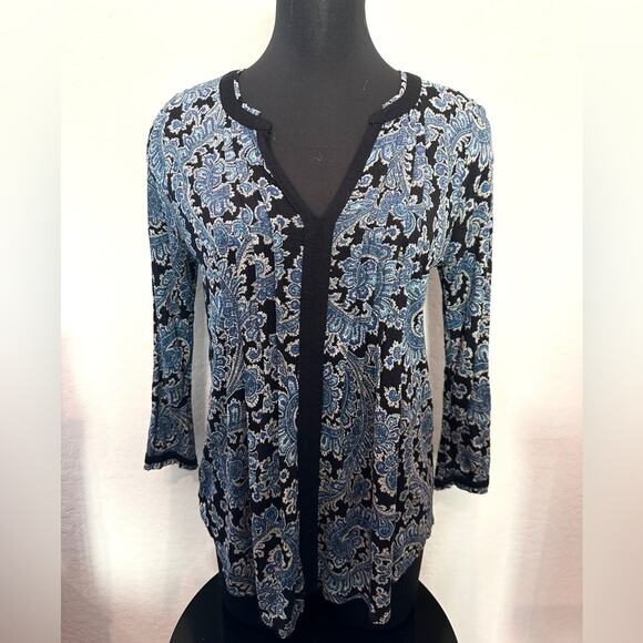 LUCKY BRAND | Navy Blue Paisley Boho Top 3/4 Sleeve Blouse | Size Medium - Picture 2 of 7